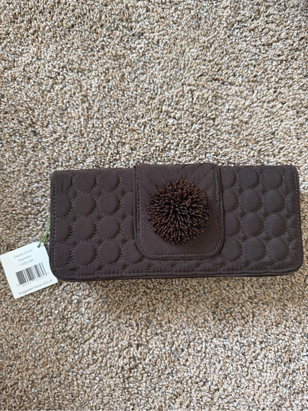 VERA BRADLEY Vera Dazzle Clutch Espresso Brown Quilted Microfiber Bag w Strap